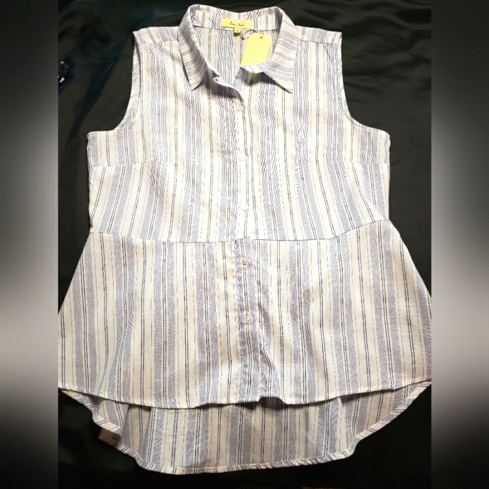 Love Notes 100% Cotton Blue & White Striped Sleeveless Top